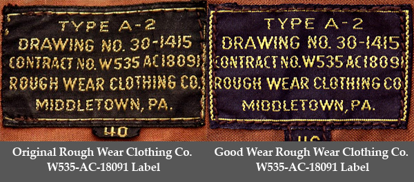 Good Wear reproduction Label based on the Rough Wear W535-ac-18091 A-2 contract of WWII