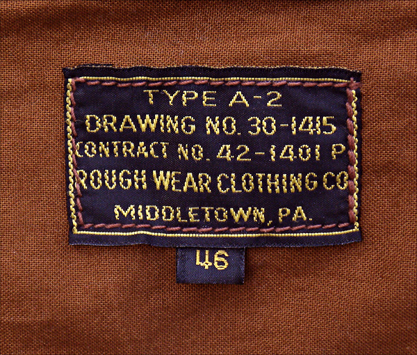 Good Wear Leather Rough Wear 42-1401-P Type A-2 Jacket Label