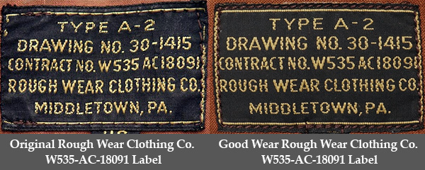 Good Wear reproduction Label based on the Rough Wear W535-ac-18091 A-2 contract of WWII