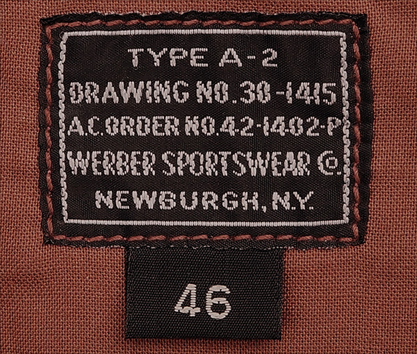 Good Wear Leather Werber Sportswear 42-1402-P Type A-2 Jacket label