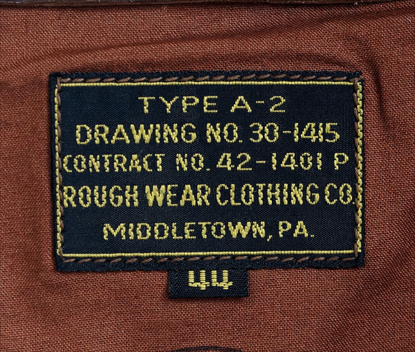 Good Wear Leather Rough Wear 42-1401-P Type A-2 Jacket Label