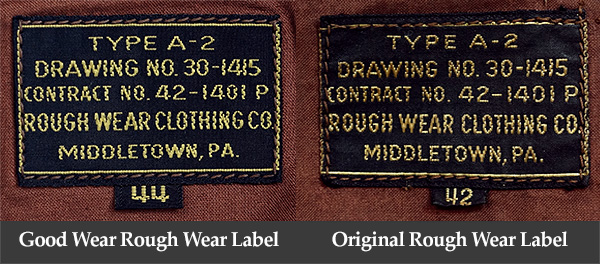 Good Wear Leather Rough Wear 42-1401-P Type A-2 Jacket Label
